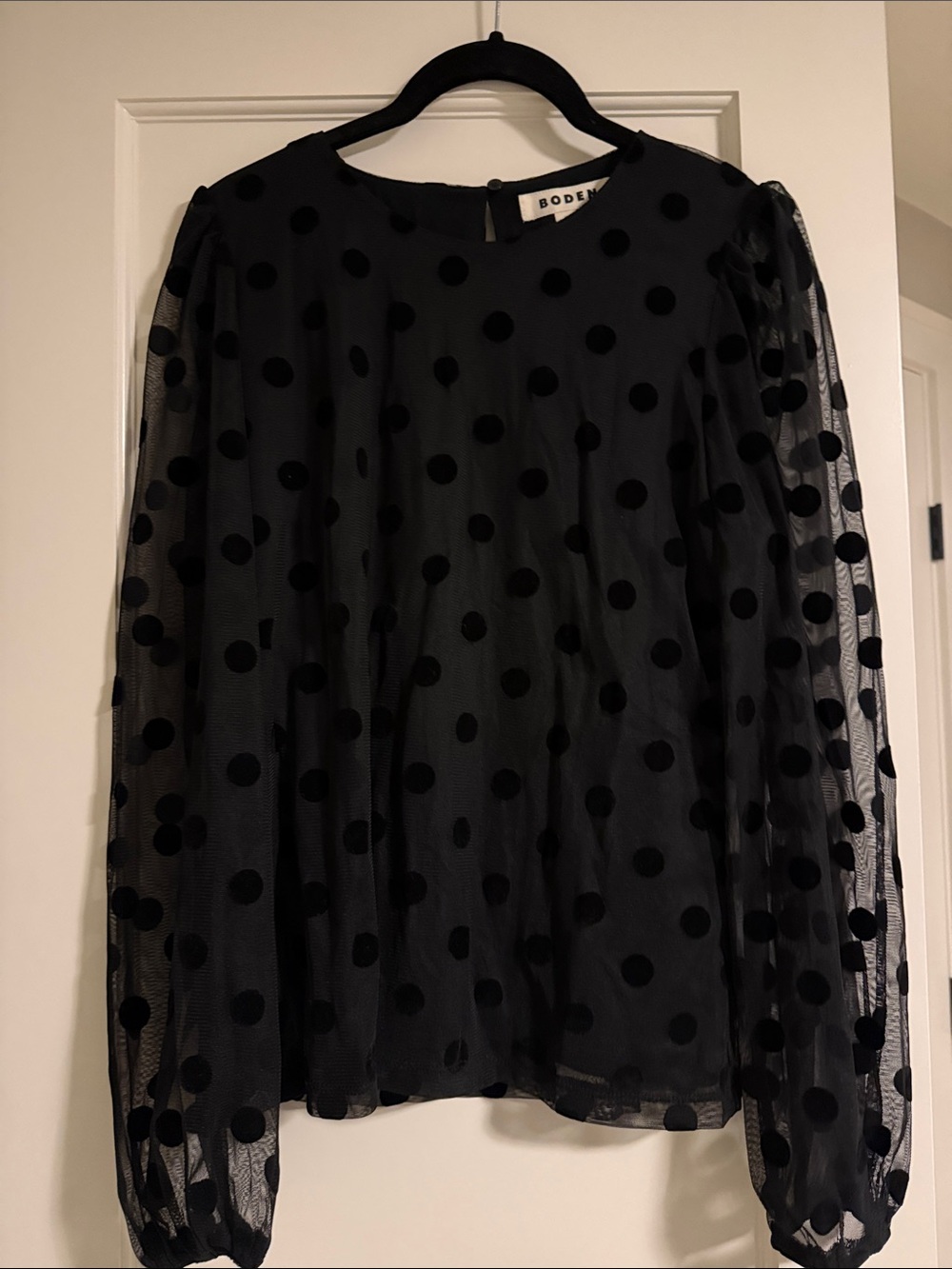 Boden Black Polka-Dot Mesh Long Sleeve Blouse